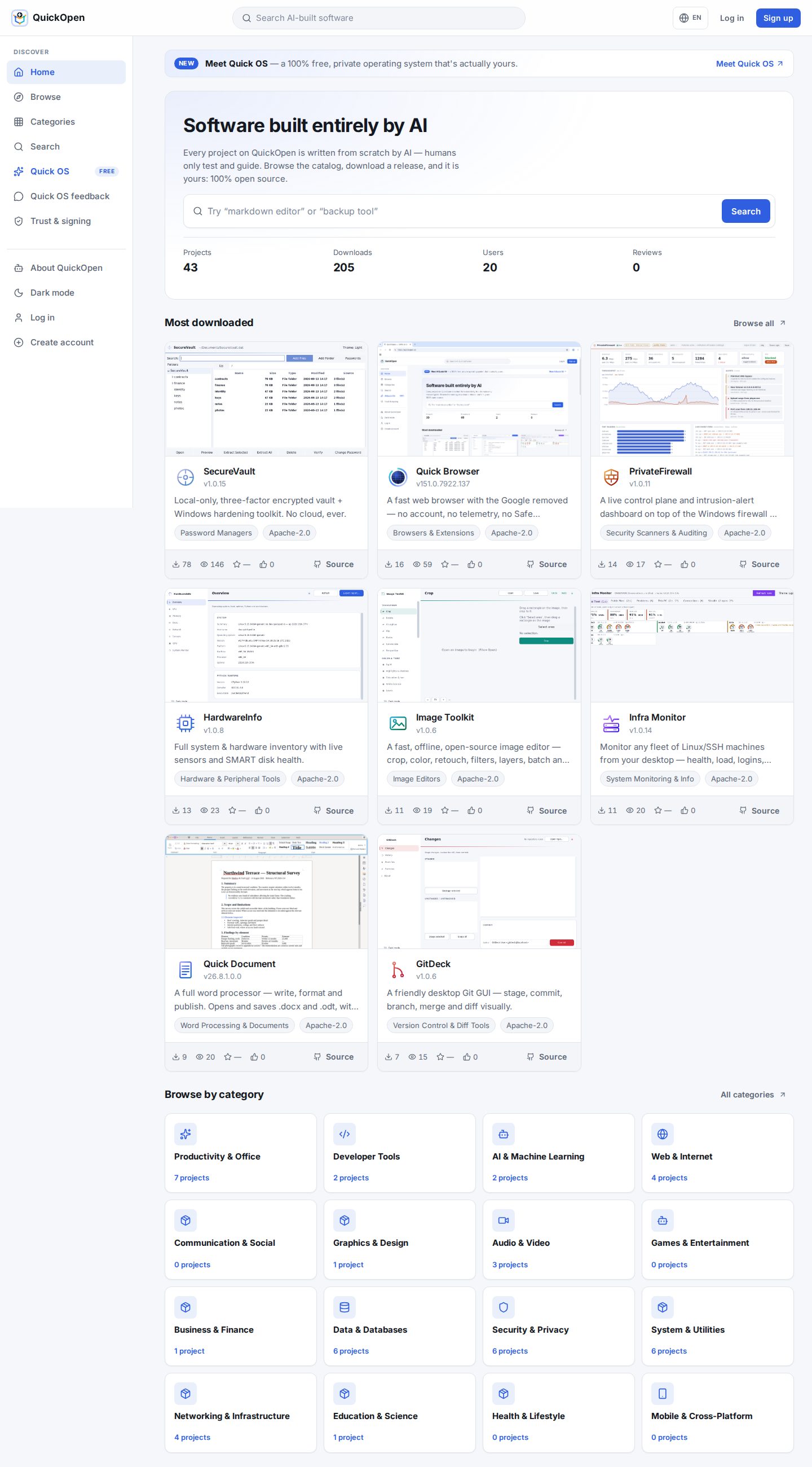 Full page of quickopen.ai
